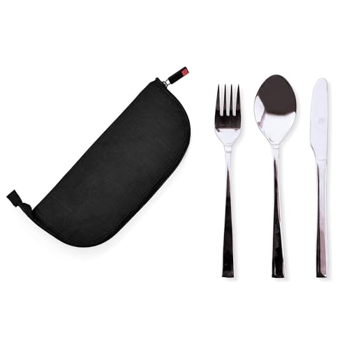 IRIS BARCELONA - Set de Cubiertos con Funda, Porta Cubiertos con Cuchillo, Tenedor y Cuchara en Acero Inox, Negro
