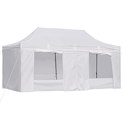 Outsunny 10' x 20' Pop Up Canopy Tent with Sidewalls & Doors, Instant Tents for Parties with Wheeled Carry Bag, Height Adjustable, for Outdoor, Garden, Patio, White