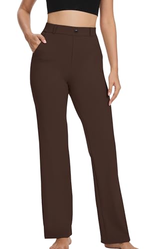 VIMPEP Yoga Pants Women Straight Leg Pants with Pockets High Waist Stretchy Pull On Dress Slacks for Casual Lounge Office Work Petite/Regular 1202 29 Brown L