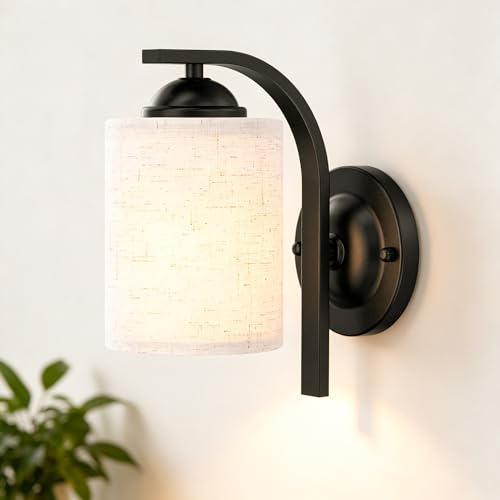 Image of Wall Sconces Lights Lamp for Bedroom Bathroom, Modern Vanity Light Fixtures, Matte Black Farmhouse Wall Mount Lighting Lanterns with Fabric Shade for Living Room Mirror Hallway Kitchen