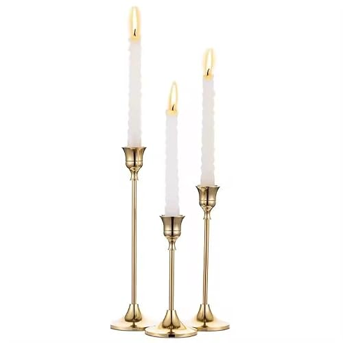 NATNA Gold Candlestick Holders – Elegant Taper Candle Holders, Set of 3 Decorative Candle Stands, Vintage Modern Design for Table, Mantel, Weddings, and Special Occasions