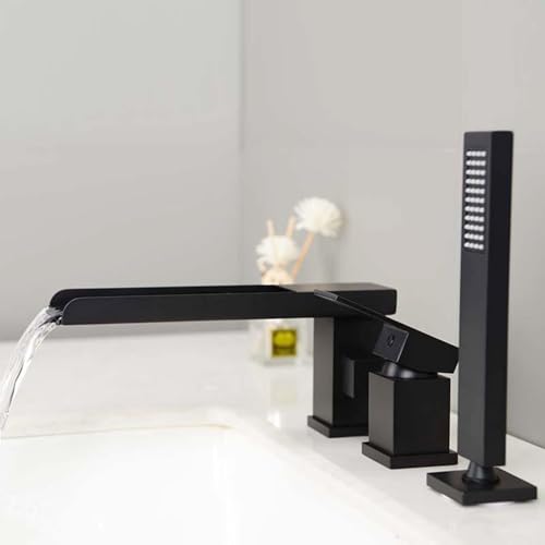 バス滝型ミキサータップ シャワー付き 3穴バスタブエッジ温水・冷水接続 真鍮製バスミキサータップ シャワー付きセット ブラック、ブラック