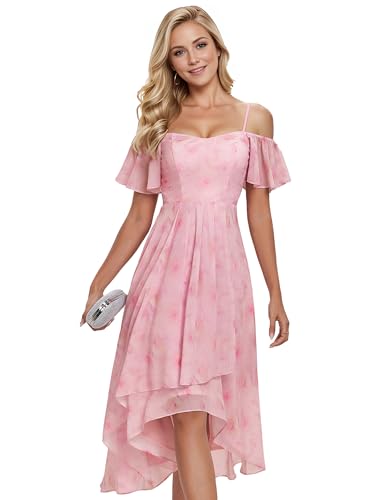 Image of Ever-Pretty Women's Summer Cold Shoulder Hi-Lo Asymmetrical Hem Flowy Chiffon Short Wedding Guest Dress 02103