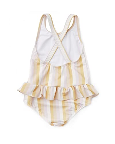 Homille Girls One Piece Swimsuit Criss Cross Backless Bathing Suits Toddler Girls Stripes Sleeveless Swimwear With Ruffle Hem Purple/Yellow, 5-6 Years #TOP1