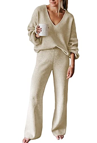 Viottiset Women's 2 Piece Outfits Casual V Neck Knit Wide Leg Sweater Lounge Set Sweatsuit