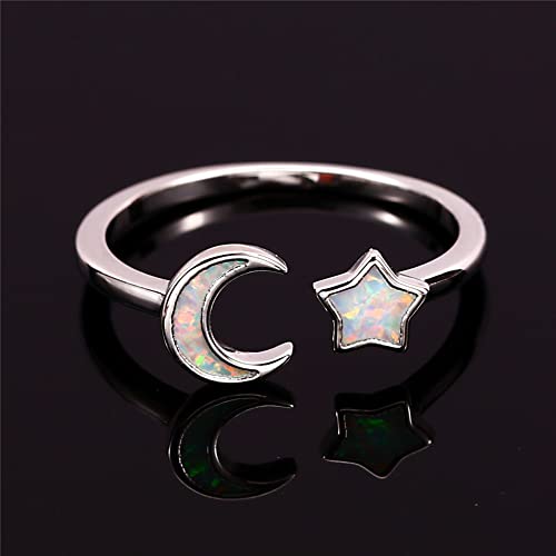 Opal Crescent Moon Star Open Adjustable Stacking Ring White Gold Plated Created Birthstone Love Endless Promise Wedding Finger Bands Expand Lucky Statement Rings Fashion Jewelry for Women Girlfriend Mother3