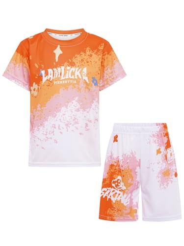 TiaoBug Boys Athletic Shorts Shirt Set Kids Breathable Summer Clothes Raglan Sleeve T-shirt and Shorts Set Orange 13-14 Years3