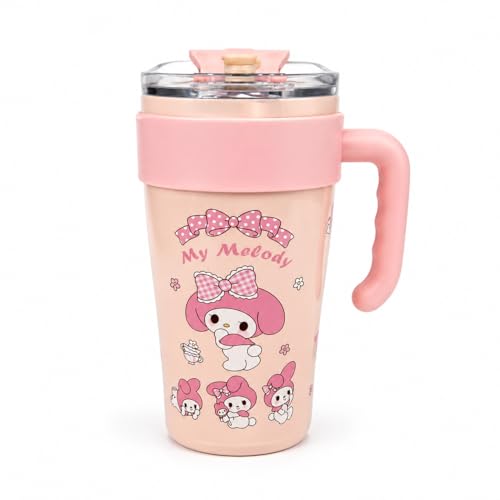 Image of Vasukie Cute Cartoon Stainless Steel Tumbler with Handle & Straw Lid, Leakproof Travel Mug, Reusable Water Cup for Girls, School, Office, Home & Outdoor Use
