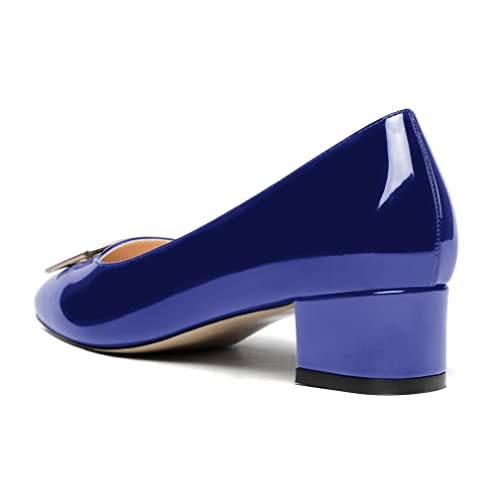 Wayderns Women's Royal Blue Chunky Slip On 1.5 Inch Metal Buckle Low Heel Patent Leather Square Toe Pumps Shoes Size 7.5 - Zapatos De Mujer De Tacon Bajo Elegantes #TOP6