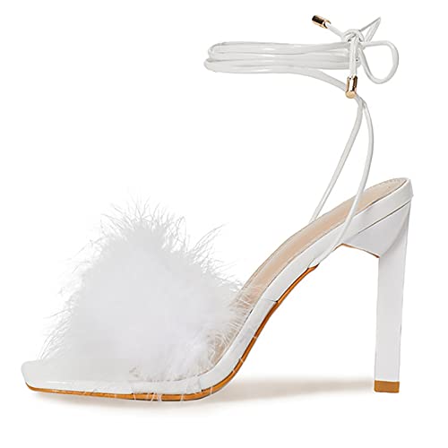 Sandales plumes femme hauts talons fins et bout carré d'exception