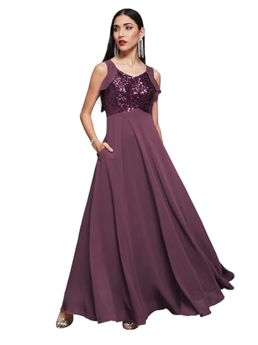 Image of Miss Chase Women's Round Neck Sleeve Embellished Fit Flare Maxi Dress