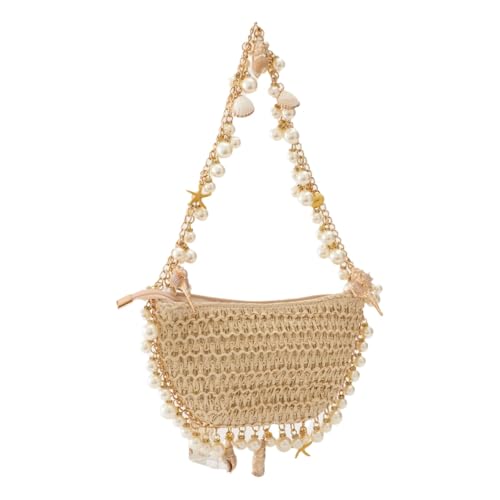 YUHATRG Damen Stroh gewebte Clutch Geldbörse Sommer Strand Perle Conch Seestern Berufstasche (Muschelform), aprikose, Small