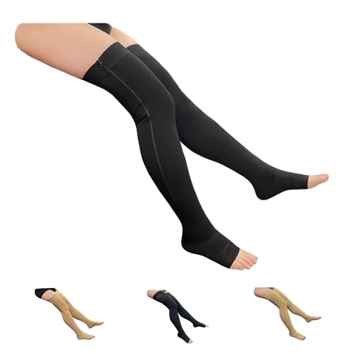 HealthyNees Open Toe 20-30 mmHg Compression Wide Leg Stocking Thigh High Zipper (Large-X-Large, With Zipper Black)