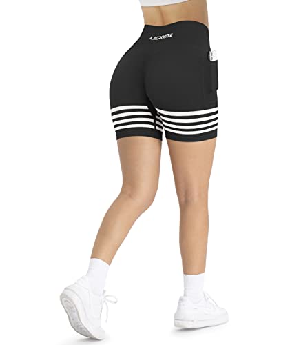 A Agroste Women Stripe 4.5" Seamless Workout Shorts With Pockets Butt Lifting Scrunch Gym Short High Waist Yoga Biker Shorts #TOP23