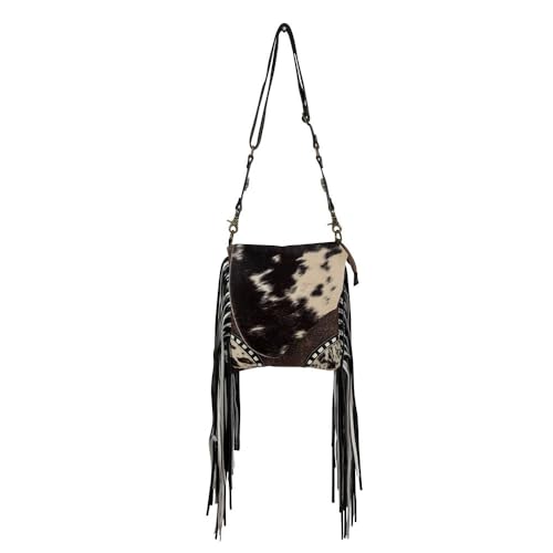 Myra Bag Corral Cowhide Purse - Western Purses for Women, Womens Purses with Hair-On Hide and Black and White Leather Fringe