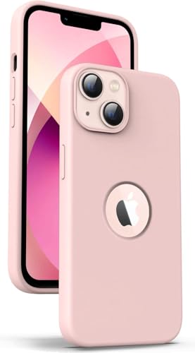 Image of Elzzi Microfiber Logo Cover Compatible for iPhone 13 Case Liquid Silicone Cases Full Body 4 Layer Protective Covers Shockproof Back Cover (Sand)