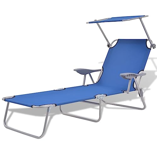 QUAHEAS Tumbona con protección solar, plegable, azul, marco de acero recubierto de polvo, 58 x 189 x 27 cm, respaldo ajustable, para jardín, piscina, playa, terrazas, capacidad de carga de 120 kg