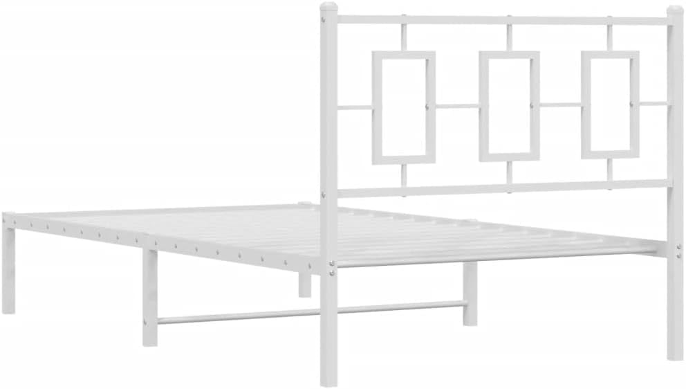 vidaXL White Metal Single Bed Frame with Headboard - Modern Bedroom Furniture, Steel Guest Bed Frame for Superior Support, 81.5x41.3x35.8 in