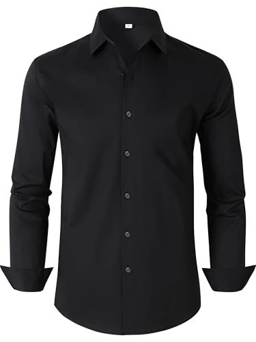 Black Dress Shirt Button-up Longsleeved Wrinkle Free v Neck Big and Tall for Men Elegant Breathable Dressing...
