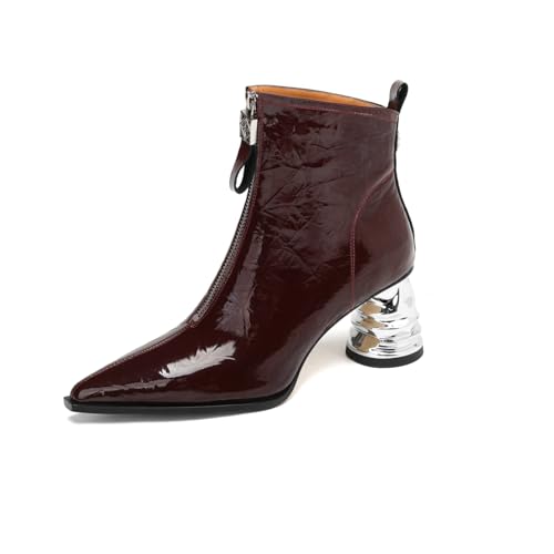 TinaCus Patent Leather Women's Pointed Toe Handmade Front Zipper Mid Chunky Heels Chic Ankle Boots