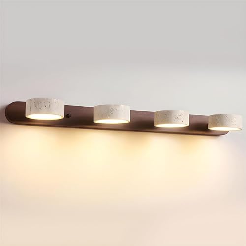 Image of Dark Wood Farmhouse Bathroom Vanity Light 4 Lights Modern Stone Cylinder Wall Lamp Travertine Shade Linear Bathroom Wall Sconce Rotatable LED Wall Light Over Mirror - Walnut Color
