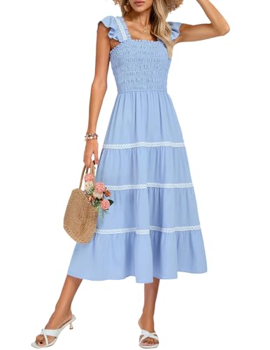 Image of Kate Kasin Womens 2025 Summer Casual Dress Sleeveless Square Neck Smocked Ruffle Boho Flowy Maxi Beach Sundress