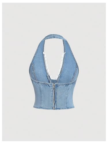 Floerns Women's Y2k Bow Tie Denim Top Sleeveless Lace Trim Halter Neck Cute Tank Top2