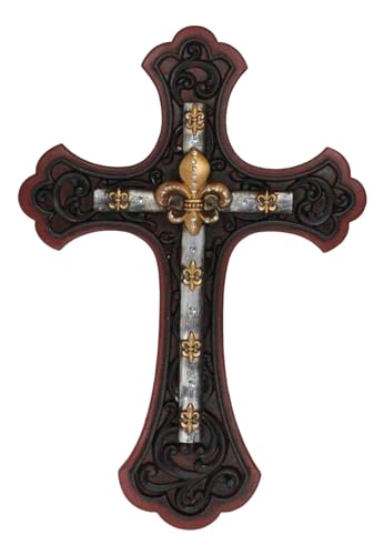 Ebros Gift 19.25" Tall Rustic Western Red Tuscany Scrollwork Lace Fleur De Lis Layered Silver And Gold Tone Decorative Wall Cross Decor Plaque