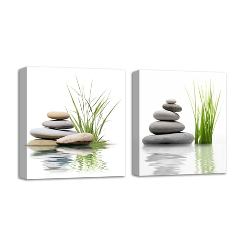 CXHOSTENT Zen Wall Art 2 Piece Zen Stone with Aquatic Pictures Photo Prints on Canvas Bathroom Artwork for Office Yoga Zen Room Decor Framed (Zen-3, 12.00"x12.00"x2P)