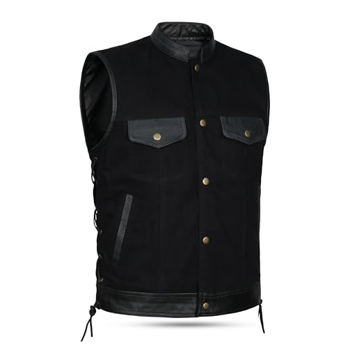 Män SOA Biker sida spets läder trim denim väst, Svart, 5XL