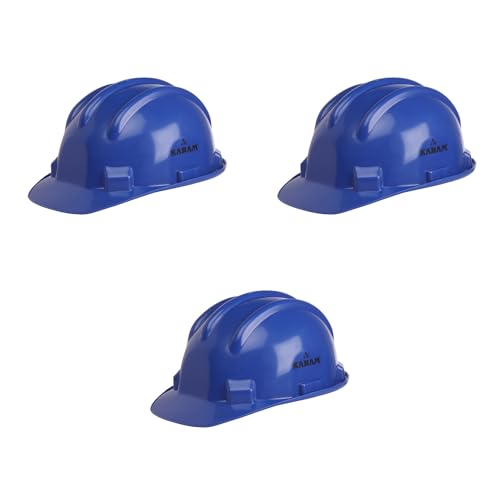 Image of Karam PN501 Safety Helmet for Men Industrial and Construction Use| Manual Adjustment Type with Adjustable Chin Strap| Triple Corrugation and is Certified Safety Helmet Lamination Blue | Pack of 3