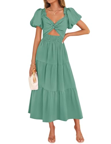 Image of ZESICA Womens Summer Casual Flowy Vacation Maxi Dress 2026 Short Puff Sleeve A Line Smocked Cutout Beach Party Dresses