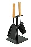 Valo Kaminbesteck Trondheim (2 teilig, inkl. Kaminbesen und Schaufel, Kamingarnitur, Kaminset mit Ständer, schwarz mit Holzgriffen) VK000306