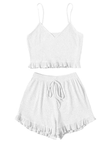 Avanova Women Sexy 2 Piece Pajama Set Ruffle Trim Cami Top and Shorts Sleepwear Set