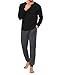 Marvmys Schlafanzug Herren Lang Baumwolle Winter Pyjamaset Schlafanzüge Sleepwear Langarm Shirt Pyjamahose mit Tasche und Bündchen Schwarz L