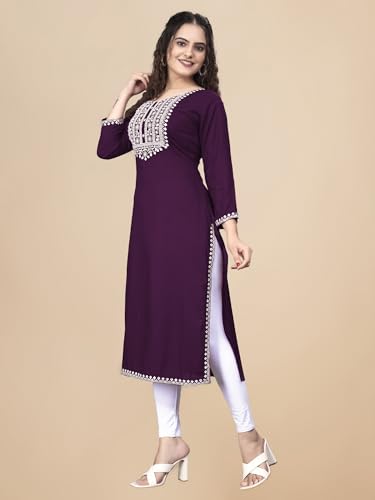Image of Women Rayon Embroidered Kurti Three Quarter Sleeve Kurta for Women and Girls Embroidery Work Soft Rayon Fabric Comfortable