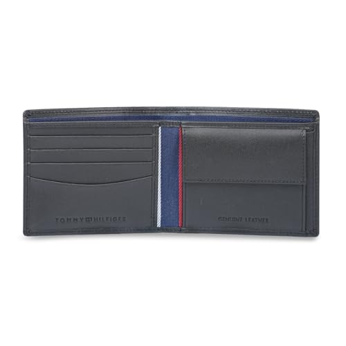 Image of Tommy Hilfiger Men's Leather Wallet Berkane | Printed Black Bi-Fold with Global Coin Pocket, 4 Card Slots | Stylish Purse for Gents