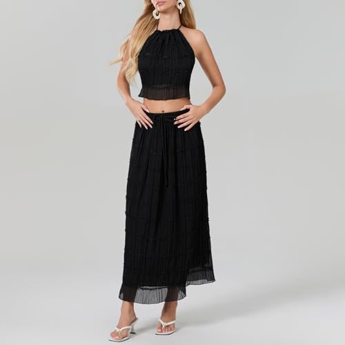 Image of Women Y2K Skirt Set Outfits Strapless Crop Top Bodycon Midi Skirt Dress Sexy 2 Piece Knit Outfits Skirt Summer
