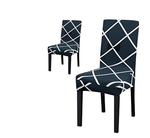Image of Dining Chair Covers Set of 2, Stretchable Removable Washable Anti-Slip Universal Fit Printed Polyester Spandex Slipcovers (Blue Square)