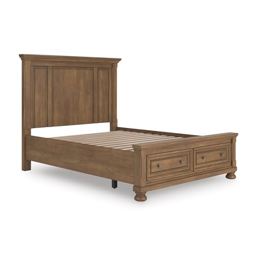 Image of Signature Design by Ashley Queen Panel Storage Bed Frame, Chestnut Brown | Poplar solids pine veneer and MDF substrate, 2 footboard drawers for space-saving storage, Glarrison Series