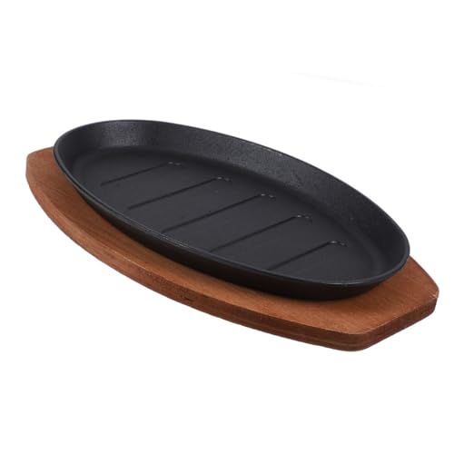 VERDANVERSE Plato para Servir Carne de Hierro Fundido Base de Madera Sartén para Steak Teppanyaki Resistente y Duradera para Catering y Barbacoas Restaurante