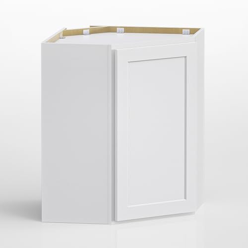 LUXEYARD 24" W x 30" H x 24" D Diagonal Corner Wall Cabinet, White Shaker RTA Hanging Storage with Reversible Door, Premium HDF & Plywood Face-Frame Cabinetry for Kitchen & Pantry