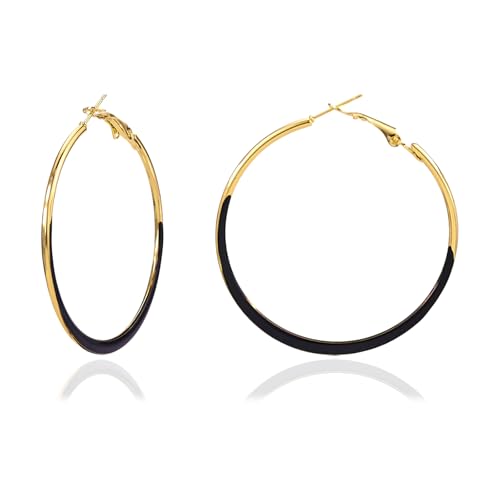 Gold Hoop Earrings for Women Gold and Colorful Hoop Earrings Red Black White Enamel Hoops Earring Big Round Circle Hoops Earring Jewelry for Women Accessories (gold and black)