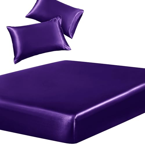 Image of SiinvdaBZX 3-Piece Set Satin Queen Fitted Sheet & 2 Pillowcase, Purple Silky Soft Fitted Bottom Sheet, Wrinkle Free, Fade Resistant, Deep Pocket Bed Sheet (Deep Up to 15 inch)