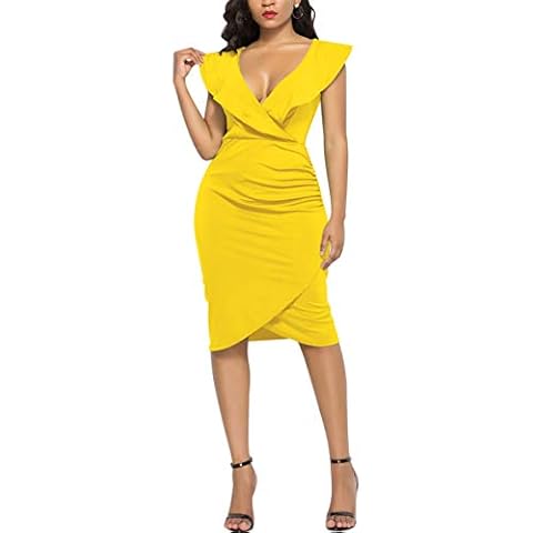 WIWIQS Women's Sexy Deep V Neck Long Sleeve/Sleeveless Bodycon Dress Front Slit Bandage Midi Club Dresses Yellow L Cover