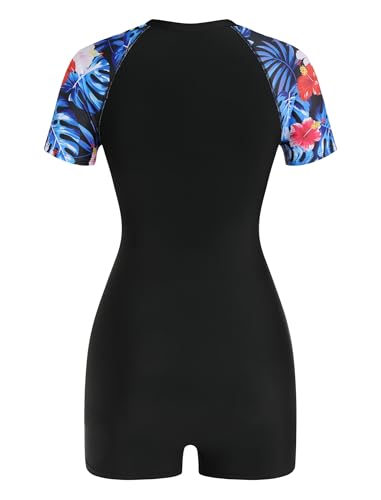 Image of ZAFUL Women's Short Sleeves Rash Guard Boyleg One Piece Swimsuit Zipper Surfing Bathing Suit UPF 50+