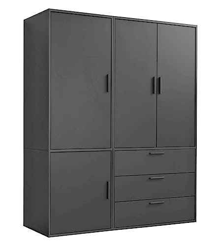 mokebo Kleiderschrank (150x187 cm) aus Holz in Schwarz 4-türig & 3 Schubladen 'Der Grenzenlose' Schlafzimmerschrank modular & kombinierbar, Garderobenschrank, Flurschrank, Drehtürenschrank, Schrank