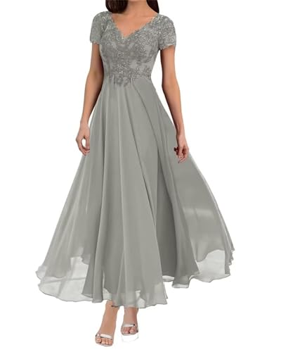 Lace V Neck Mother of The Bride Dresses Tea Length Elegant Chiffon A-line Short Sleeve Wedding Guest Dress for Women Silver US16