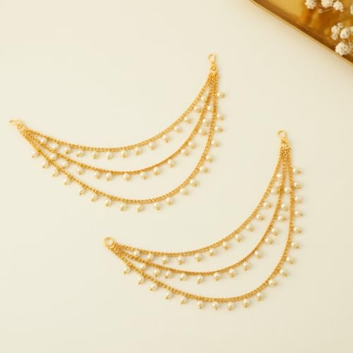 Image of Traditional Gold Plated Alloy Ear Chain Pair with Kundan & Pearl Dangling Design | 3 Layer Bridal Ear Chain for Women