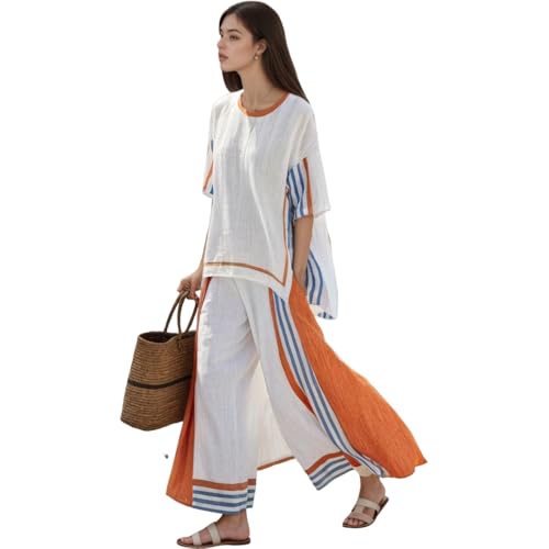 Women's Linen Striped 2 Piece Sets Summer Oversized Loose Half Sleeve Tops Tshirt and Wide Leg Pants Fashion Outfits